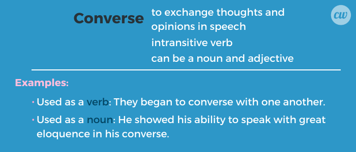 Converse: to exchange thoughts and opinions in speech. 
Examples of how to use converse in a sentence
