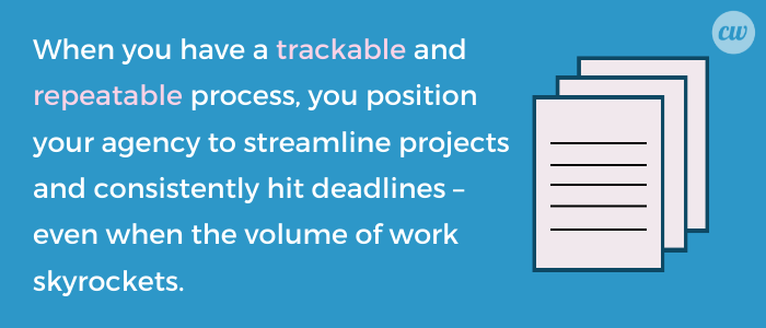 When you have a trackable and repeatable process, you position your agency to streamline projects and consistently hit deadlines – even when the volume of work skyrockets.