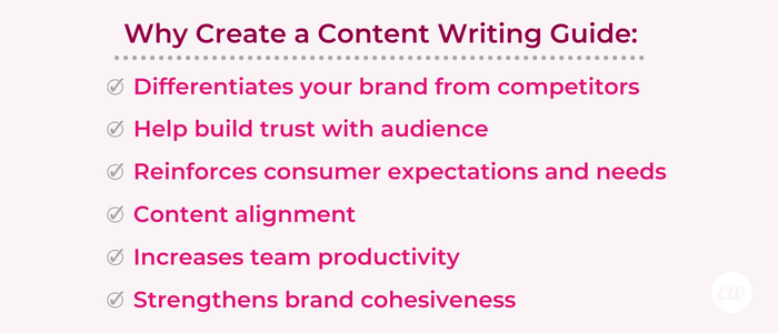 Creating a content writing guide, style guide will help differentiate from competitors, build trust with audience, reinforce consumer expectations and needs, align content, increase team productivity, and strengthen brand cohesiveness